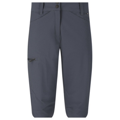 Outdoorhose Shanni 3/4 Damen in blau, gefertigt aus wetterfestem Material, mit zwei Vordertaschen und einer seitlichen Reißverschlusstasche, geeignet für Aktivitäten im Freien.