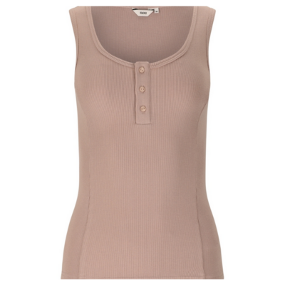 Rib Top Marjory Bark Damen von NOIS in beiger Farbe, aus einem komfortablen, elastischen Material mit geripptem Design und Knopfdetail an der Vorderseite.