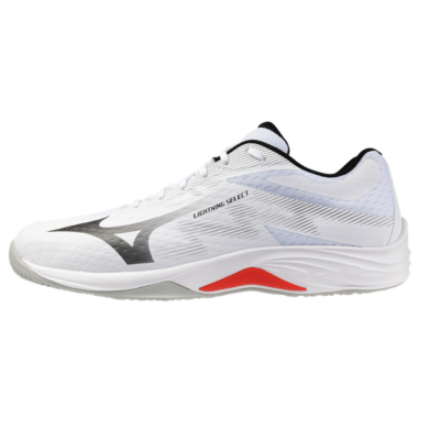 Mizuno Lightning Select - Hallenschuh in Weiß mit schwarzen und grauen Details, ausgestattet mit einer leichten, atmungsaktiven Oberseite und einer Gummisohle für guten Halt auf Hallenboden.