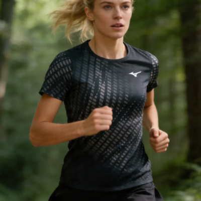 Das CORE GRAPHIC TEE Laufshirt Damen von Mizuno ist schwarz mit einem grafischen Muster und aus atmungsaktivem Material. Es wird von einer Läuferin getragen, die im Wald joggt.