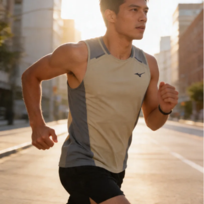 Mizuno Active DryAeroflow Tank Top für Herren in sandfarben mit grauen Einsätzen, hergestellt aus atmungsaktivem Material, ideal für sportliche Aktivitäten, abgebildet beim Laufen auf einer Stadtstraße.