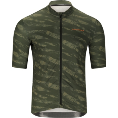 Endurance Kronos Langarm-Shirt in camouflagegrün, gefertigt aus atmungsaktivem Material mit kurzem Reißverschluss und Stehkragen, ideal für Mountainbike-Fahrten.