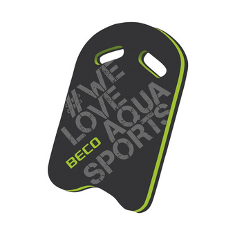 Schwimmbrett WB Kick Board (Kopie) von BECO in Schwarz mit grünem Akzent. Das Board ist aus leichtem, geschäumtem Material gefertigt, mit zwei Griffen für besseren Halt und bedrucktem Text auf der Oberfläche.