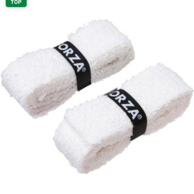 FORZA Griffband 2er Box Towel in weiß, aus weichem, saugfähigem Material, bietet rutschfesten Halt für Tennis, Padle, Badminton und Squash. Zeigt zwei Handtücher, zusammengewickelt mit elastischem Band.