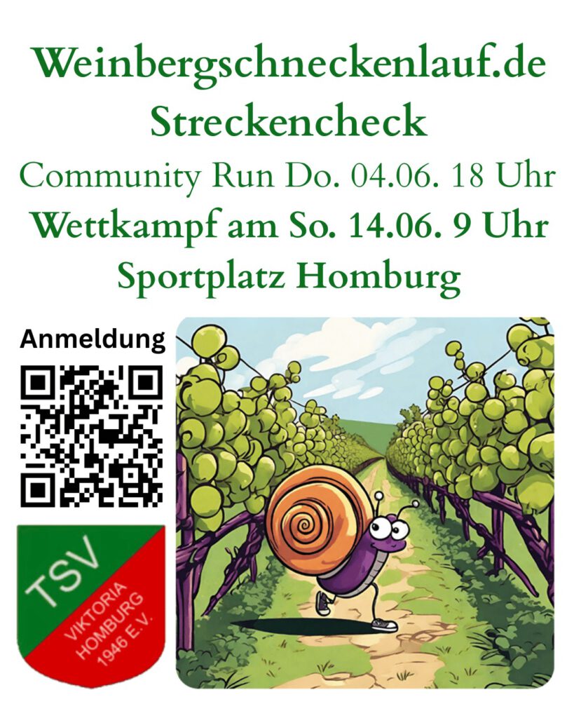 Ein Plakat für den Weinbergsneckenlauf mit einem Comic-Hintergrund von Weinreben. Ein lächelndes Schneckenmaskottchen ist im Vordergrund. Informationen über den Community-Lauf am 4. Juni und den Wettkampf am 14. Juni sind in den Text eingearbeitet. Ein QR-Code ist ebenfalls vorhanden.