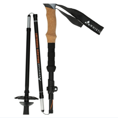 Beckley Foldable Trekking Stöcke - Paar von WHISTLER, aus leichtem Aluminium in Schwarz mit einem Korkgriff und verstellbarem Handgelenkband. Die Stöcke sind mit einer speziellen Technologie ausgestattet, die eine benutzerfreundliche Handhabung ermöglicht.