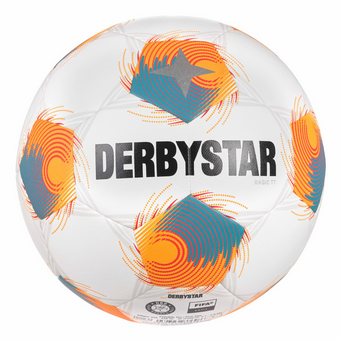 Derbystar Magic TT Größe 5 Fußball in weiß mit bunten orangen und blauen Designelementen, hergestellt aus strapazierfähigem Material und geeignet für den Wettkampf.
