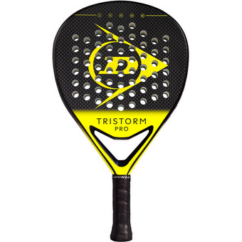 Padel Schläger Tristorm Pro von Dunlop in Schwarz und Gelb, mit einer perforierten Schlagfläche und einem ergonomischen Griff. Der Schläger kombiniert eine moderne Form mit hochwertigen Materialien.