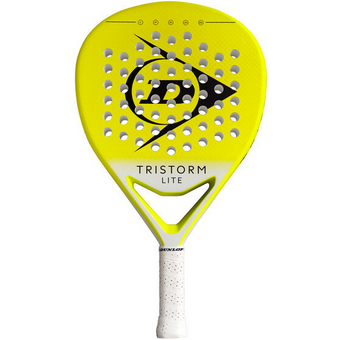 Dunlop Padel Schläger Tristorm Light in leuchtendem Gelb, ausgestattet mit einem perforierten Schlägerblatt für bessere Ballkontrolle und einem weißen Griff für einen sicheren Halt.