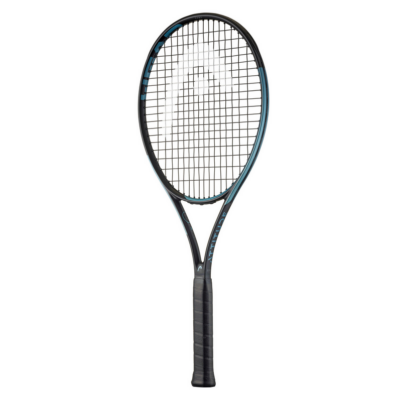 HEAD MX Metallix Attitude 3 Tennis racket in schwarz mit blauen Akzenten, ausgestattet mit einem großen Schlägerkopf und einem rutschfesten Griff. Die Griffstärken sind variabel, um unterschiedlichen Bedürfnissen gerecht zu werden.