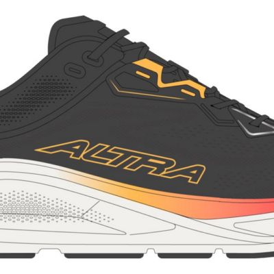Schwarze Altra Torin ST Herren-Laufschuhe mit gelben und roten Akzenten, ausgestattet mit einer dämpfenden Zwischensohle und atmungsaktivem Obermaterial. Das Modell bietet einen sportlichen Look und eine angebogene Sohlenform für optimale Beweglichkeit.