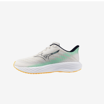 Mizuno Enerzy Rider junior running shoe in white, featuring a breathable mesh upper, mint side stripe, and thick white midsole.