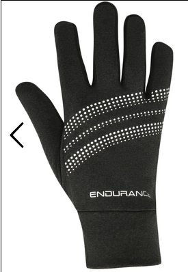 Endurance Mingus Running Handschuhe Gloves in Schwarz aus Textil, ein einzelner Laufhandschuh mit weißen Punktstreifen und Endurance-Schriftzug auf hellem Hintergrund.