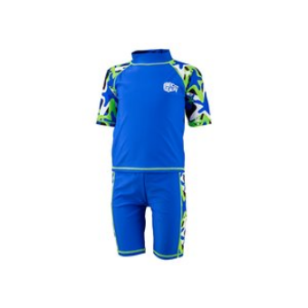 UV-Shirt Kinder blau (Kopie) in leuchtendem Blau mit kurzärmeliger Oberteile und einem bunten Muster auf den Ärmeln, gefertigt aus schnelltrocknendem Material und ideal für den Wassersport.