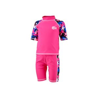Beco UV-Schwimmshirt und knielange Badehose in Rosa, für Größen 116 bis 152, mit bunten Ärmel- und Beinschnitten für zusätzlichen UV-Schutz. Material ist schnelltrocknend und elastisch.