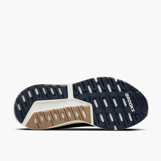 Brooks Beast 16 GTS Herren Laufschuh mit einer Gummisohle in Blau und Braun, vorgestellt in einer strukturierten Unterseite mit Laufsohlenprofil und Sicht auf die LOGO-Platzierung.