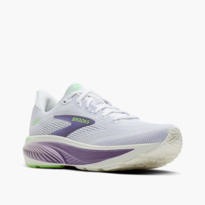Brooks Ghost 18 Damen Laufschuh in Weiß mit lila Akzenten, verfügt über eine atmungsaktive Mesh-Oberseite und eine gepolsterte Sohle für Komfort beim Laufen.