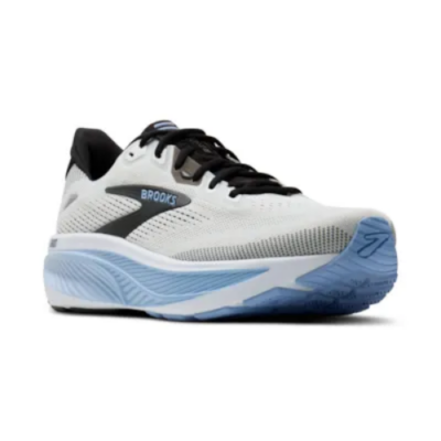 Brooks Ghost 17 M Laufschuhe in Weiß mit blauen Akzenten und schwarzem Futter, ausgestattet mit einer atmungsaktiven Obermaterialstruktur und einer dämpfenden Zwischensohle.
