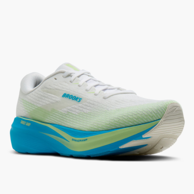 Brooks Ghost Amp running shoes for men in white and blue, featuring a lightweight mesh upper and a cushioned midsole designed for comfort and support.