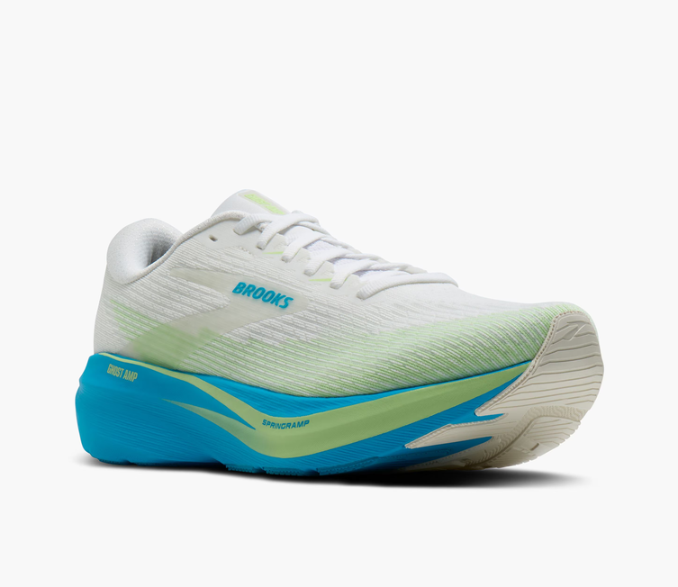 Brooks Ghost Amp running shoes for men in white and blue, featuring a lightweight mesh upper and a cushioned midsole designed for comfort and support.