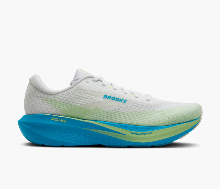 Brooks Ghost Amp Herren Laufschuh in white with light green and blue accents, featuring a breathable mesh upper and a cushioned SPRINGRAMP midsole for comfort during runs.