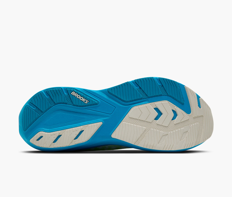 Brooks Ghost Amp men's running shoes in blue and white with a textured rubber outsole, designed for durability and performance, accommodating sizes up to 47.5.