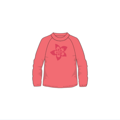 UV-Shirt Kinder in Korallrot mit langen Ärmeln und Rundhalsausschnitt, versehen mit einem Blumenmotiv auf der Vorderseite. Das Oberteil besteht aus einem leichten und atmungsaktiven Material.
