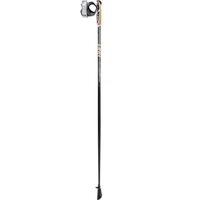 Leki Prime Carbon Nordic Walking poles, adjustable from sizes 105 to 130 cm, featuring a lightweight carbon shaft, ergonomic cork grip, and removable rubber tips for versatile use.