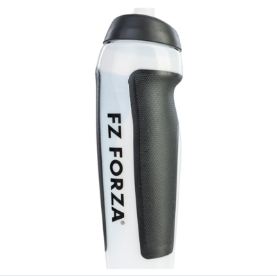 FZ Forza transparente Trinkflasche 0,7 Liter aus Kunststoff mit schwarzem Deckel und griffiger Seitenfläche.