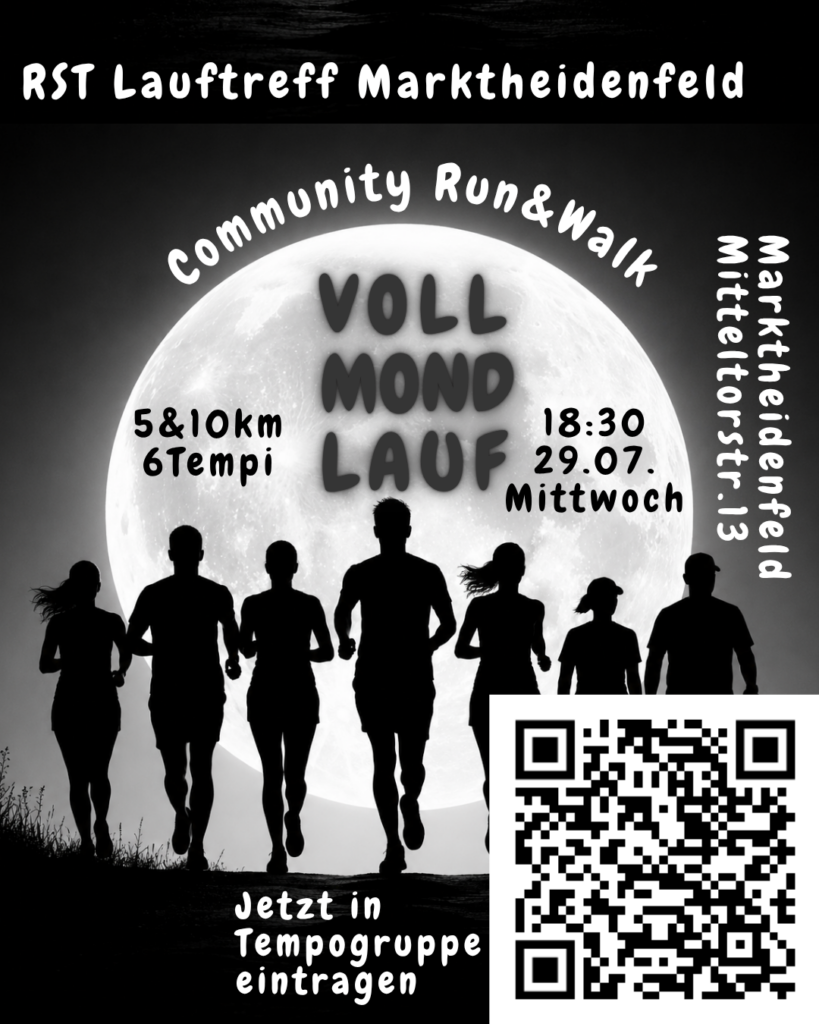 A promotional poster for a community run and walk event featuring a large full moon in the background. The poster includes details about the event such as distances of 5 and 10 km, the date and time, and a QR code for registration.
