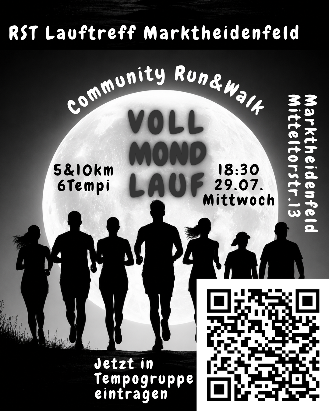 A promotional poster for a community run and walk event featuring a large full moon in the background. The poster includes details about the event such as distances of 5 and 10 km, the date and time, and a QR code for registration.