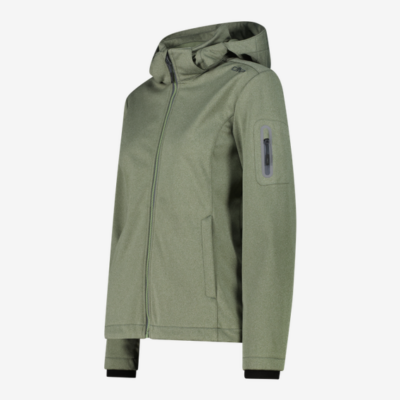 CMP Softshell-Damenjacke mit abnehmbarer Kapuze in Green Tea melange, a green softshell jacket with a detachable hood, zip front, and sleeve pocket shown on a plain white background.
