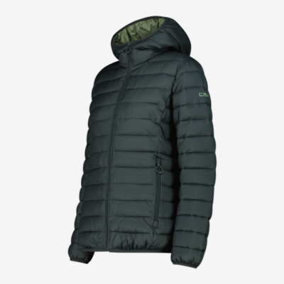 CMP Damenjacke mit fester Kapuze in jungle green, a quilted hooded jacket with a front zipper, side pocket, and a small logo on the sleeve.