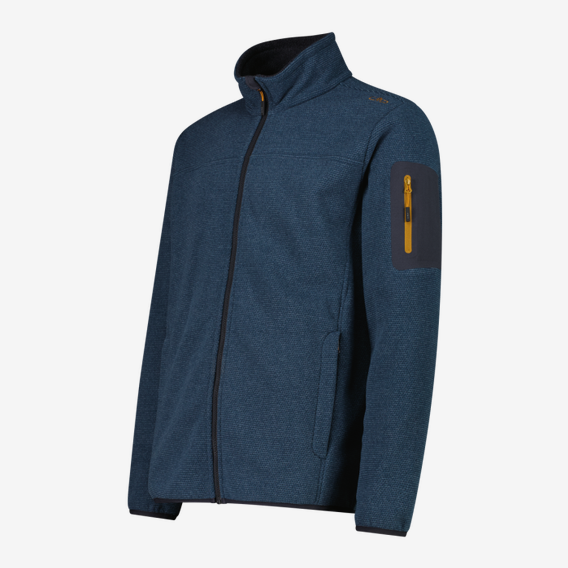 CMP Herren Fleece Jacquard Knit Jacke in Blau aus Fleece mit hohem Kragen, durchgehendem Reißverschluss und Brusttasche mit gelbem Reißverschlussdetail.