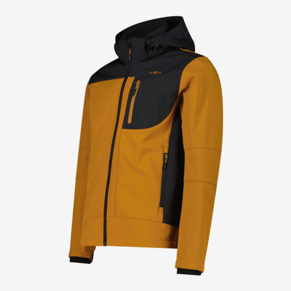 CMP Softshell-Herrenjacke mit abnehmbarer Kapuze in Orange und Schwarz, mit Reißverschluss, Brusttasche und Kapuze vor hellem Hintergrund.
