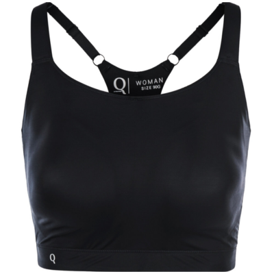 Schwarzer Athlecia Sport Bra Angelia aus glattem Material mit verstellbaren Trägern und sichtbarem Größenlabel im Rückenteil, für 90E bis 100G.