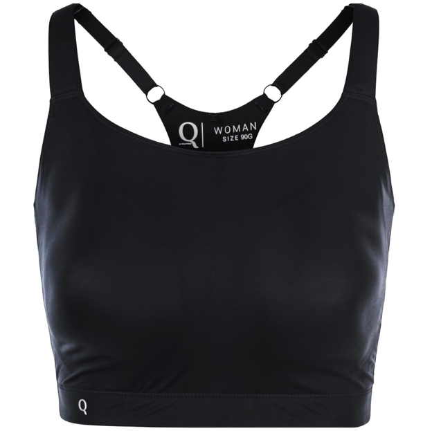 Schwarzer Athlecia Sport Bra Angelia aus glattem Material mit verstellbaren Trägern und sichtbarem Größenlabel im Rückenteil, für 90E bis 100G.