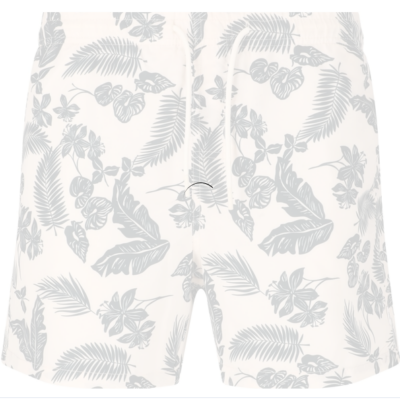 NOU Badehose Fileyer Swim Short in Weiß mit grauem tropischem Blattmuster, aus leichtem Stoff, mit Kordelzugbund und kurzem Saum vor hellem Hintergrund.