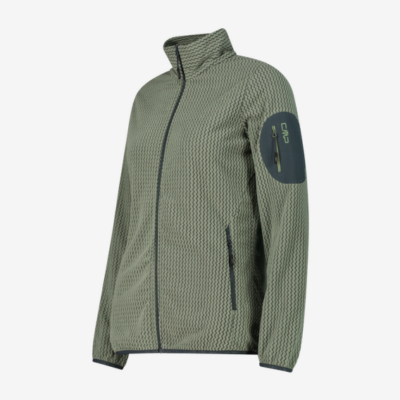 CMP Damen Jacke in Olivgrün aus Materialmix mit Stehkragen, Reißverschluss und Ärmeltasche, vor hellem Hintergrund.