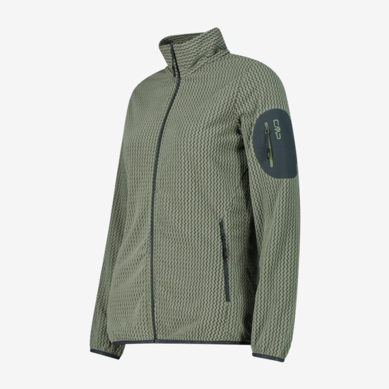 CMP Damen Jacke in Olivgrün aus Materialmix mit Stehkragen, Reißverschluss und Ärmeltasche, vor hellem Hintergrund.