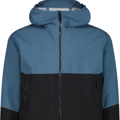 CMP Herren-Regenjacke in Blau und Schwarz aus wasserabweisendem Material mit Kapuze, durchgehendem Reißverschluss und seitlichen Taschen.