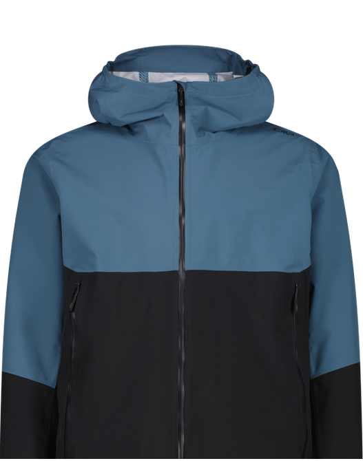 CMP Herren-Regenjacke in Blau und Schwarz aus wasserabweisendem Material mit Kapuze, durchgehendem Reißverschluss und seitlichen Taschen.