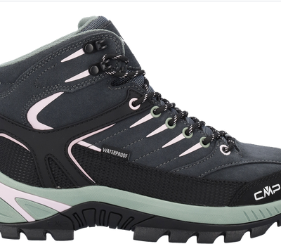 CMP Damen Trekkingstiefel Rigel in Schwarz und Rosa, aus Synthetik und Mesh, mit grünlicher Zwischensohle, Profilsohle und sichtbarer Fersenschlaufe.