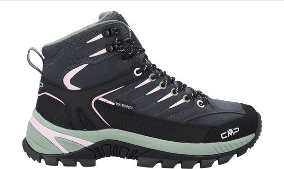 CMP Damen Trekkingstiefel Rigel in Schwarz und Rosa, aus Synthetik und Mesh, mit grünlicher Zwischensohle, Profilsohle und sichtbarer Fersenschlaufe.