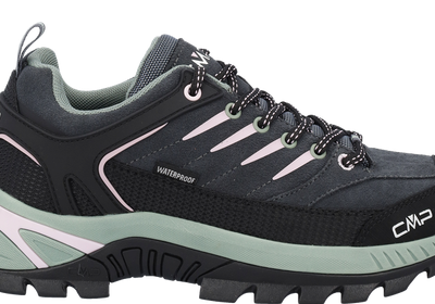 CMP Damen Trekking Schuh Rigel 2.0 in Schwarz und Mintgrün, aus Synthetik mit Mesh-Obermaterial und profilierter Gummisohle, seitlich auf hellem Hintergrund gezeigt.