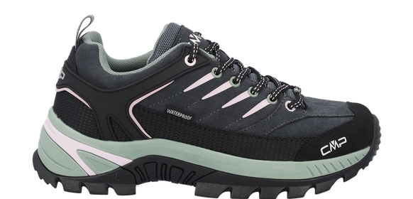 CMP Damen Trekking Schuh Rigel 2.0 in Schwarz und Mintgrün, aus Synthetik mit Mesh-Obermaterial und profilierter Gummisohle, seitlich auf hellem Hintergrund gezeigt.