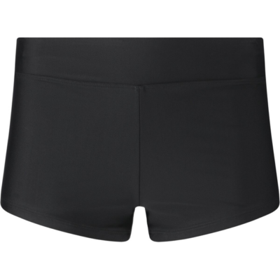 Schwarze Estela Bikini-Hose in Größe 36 bis 44 aus glattem Material mit breitem Bund und kurzem Schnitt, vor weißem Hintergrund.