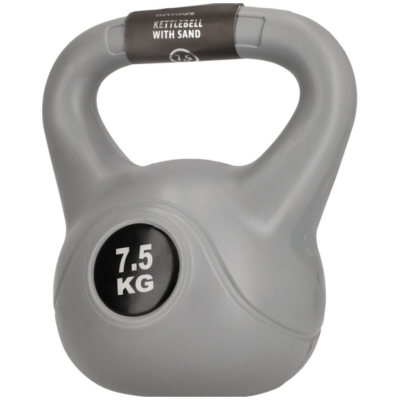 Graue Kettlebell mit Sandfüllung und 7,5-kg-Markierung, mit schwarzem Griffband und weißem Aufdruck auf hellem Hintergrund.