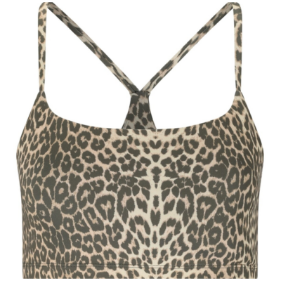 Athlecia Windia V2 W Printed Sports Bra in beige and black leopard print, with thin racerback straps and a fitted cropped silhouette.