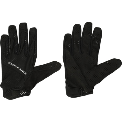 Endurance Narita cycling gloves in black synthetic material, shown as a pair with perforated palms and white logo text on the left glove.